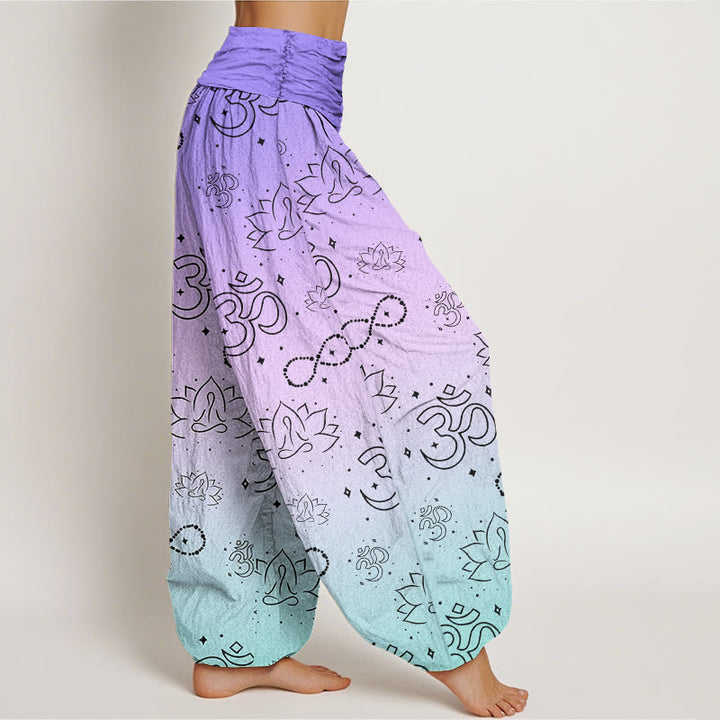 Buddha Stones, OM-Symbol, Lotus, meditierende Figur, Unendlichkeitsmuster, Haremshose für Damen mit elastischer Taille - image 3