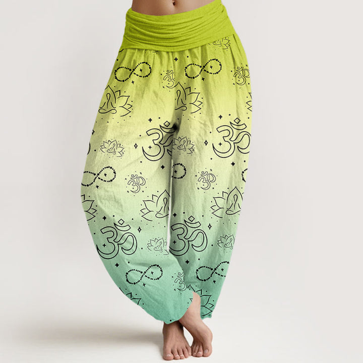 Buddha Stones, OM-Symbol, Lotus, meditierende Figur, Unendlichkeitsmuster, Haremshose für Damen mit elastischer Taille - GrünGelb - US22， UK/AU26，EU54 (6XL) - image 5