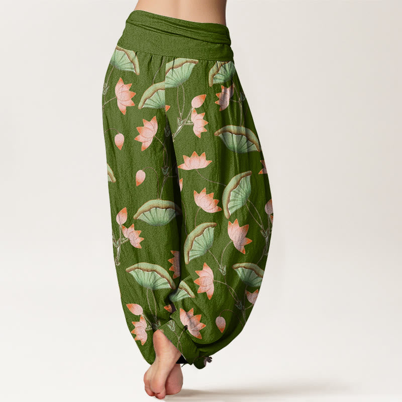 Haremshose mit elastischer Taille und Buddha Stones, rosa Lotusblumen, üppigen grünen Blättern - image 2