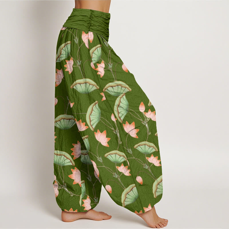 Haremshose mit elastischer Taille und Buddha Stones, rosa Lotusblumen, üppigen grünen Blättern - image 3