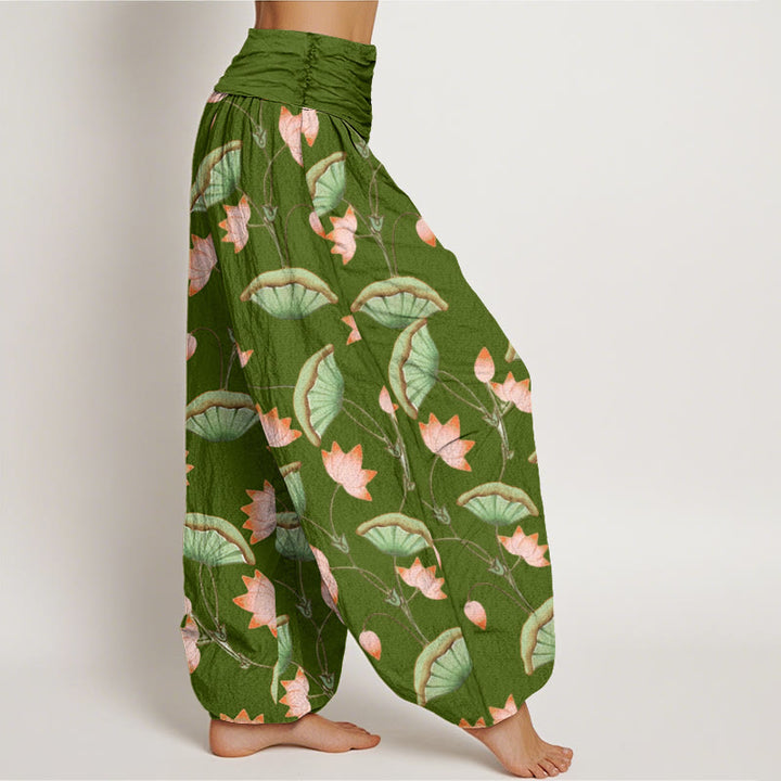 Haremshose mit elastischer Taille und Buddha Stones, rosa Lotusblumen, üppigen grünen Blättern - image 3