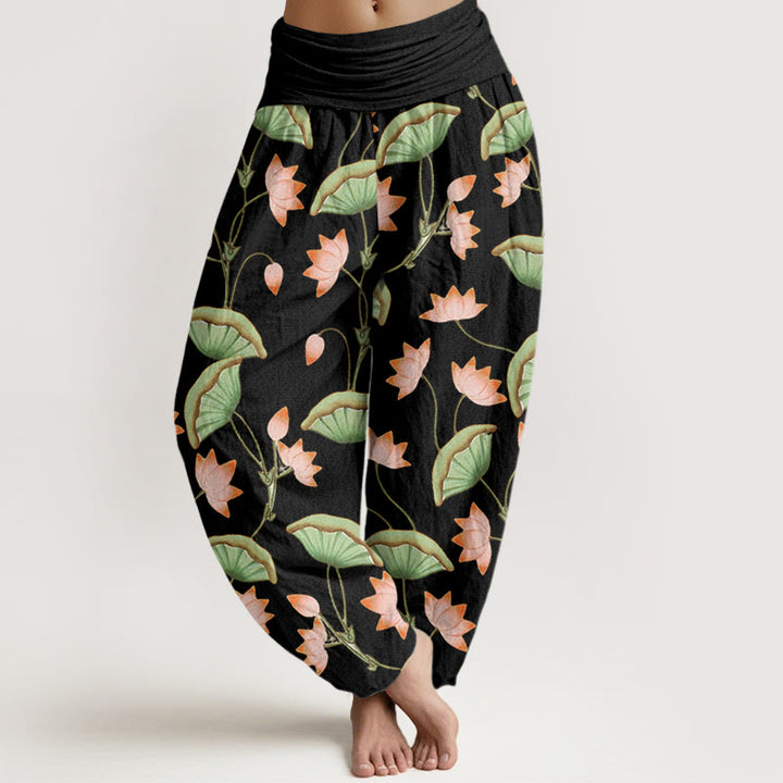 Haremshose mit elastischer Taille und Buddha Stones, rosa Lotusblumen, üppigen grünen Blättern - Schwarz - US22， UK/AU26，EU54 (6XL) - image 5