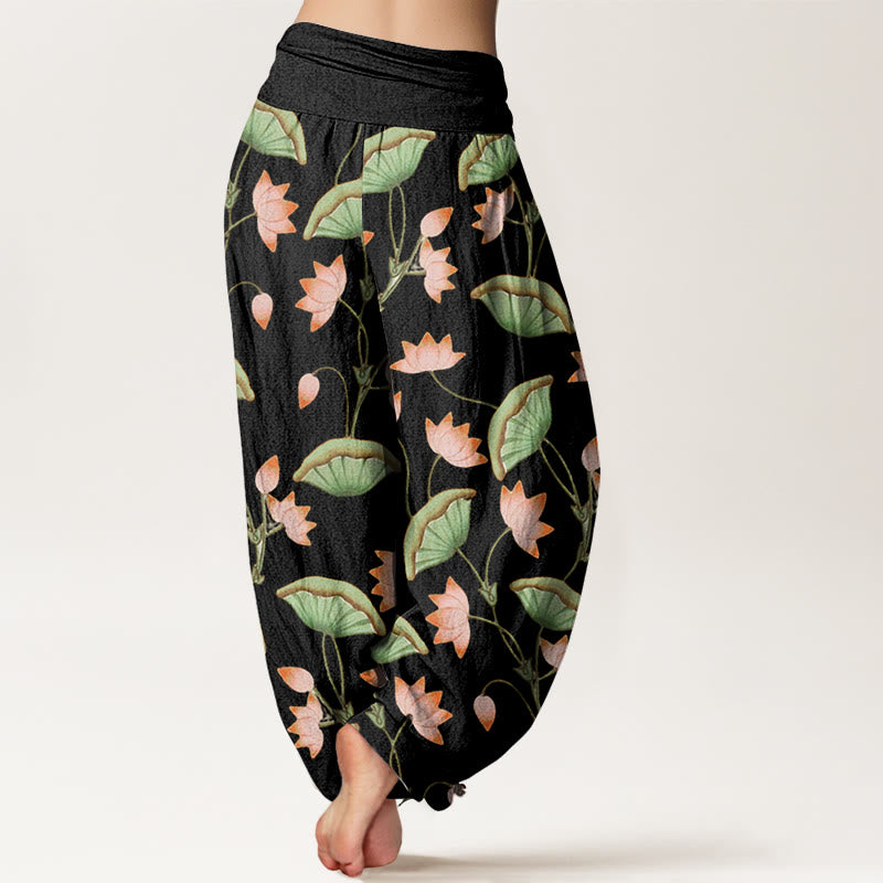 Haremshose mit elastischer Taille und Buddha Stones, rosa Lotusblumen, üppigen grünen Blättern - image 6