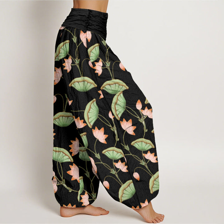 Haremshose mit elastischer Taille und Buddha Stones, rosa Lotusblumen, üppigen grünen Blättern - image 7