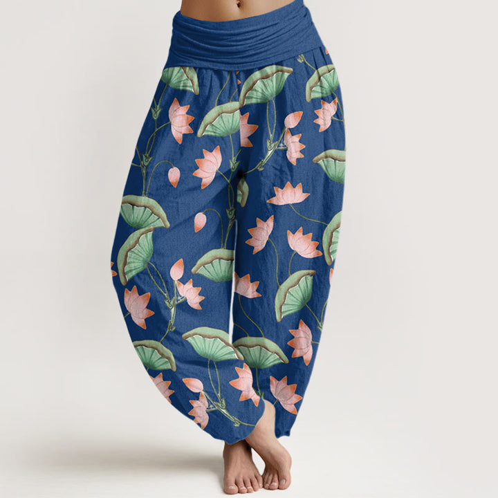 Haremshose mit elastischer Taille und Buddha Stones, rosa Lotusblumen, üppigen grünen Blättern - Stahlblau - US22， UK/AU26，EU54 (6XL) - image 8