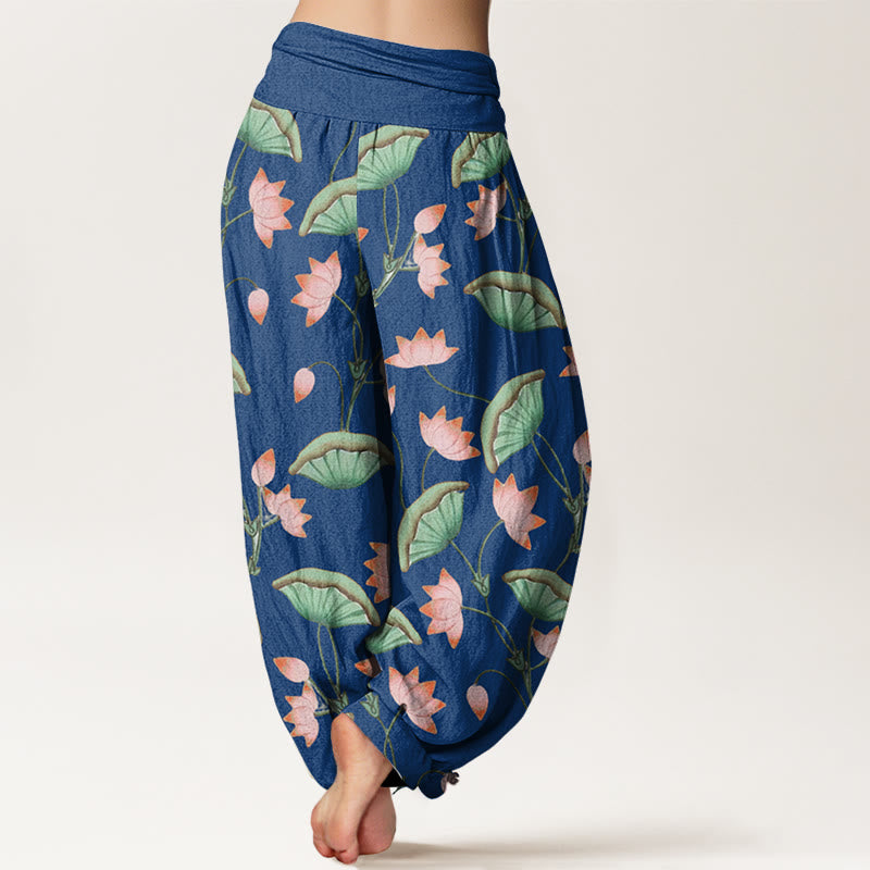 Haremshose mit elastischer Taille und Buddha Stones, rosa Lotusblumen, üppigen grünen Blättern - image 9