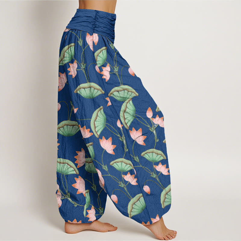 Haremshose mit elastischer Taille und Buddha Stones, rosa Lotusblumen, üppigen grünen Blättern - image 10