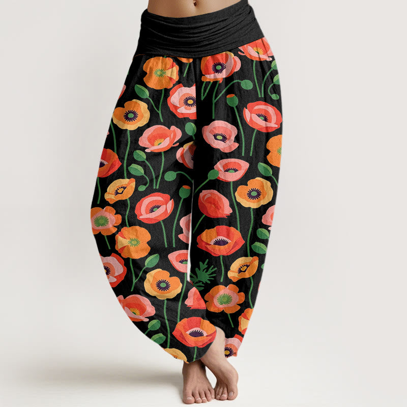 Buddha Stones Rot Orange Blumen Muster Damen Haremshose mit elastischer Taille - Schwarz - US22， UK/AU26，EU54 (6XL) - image 1