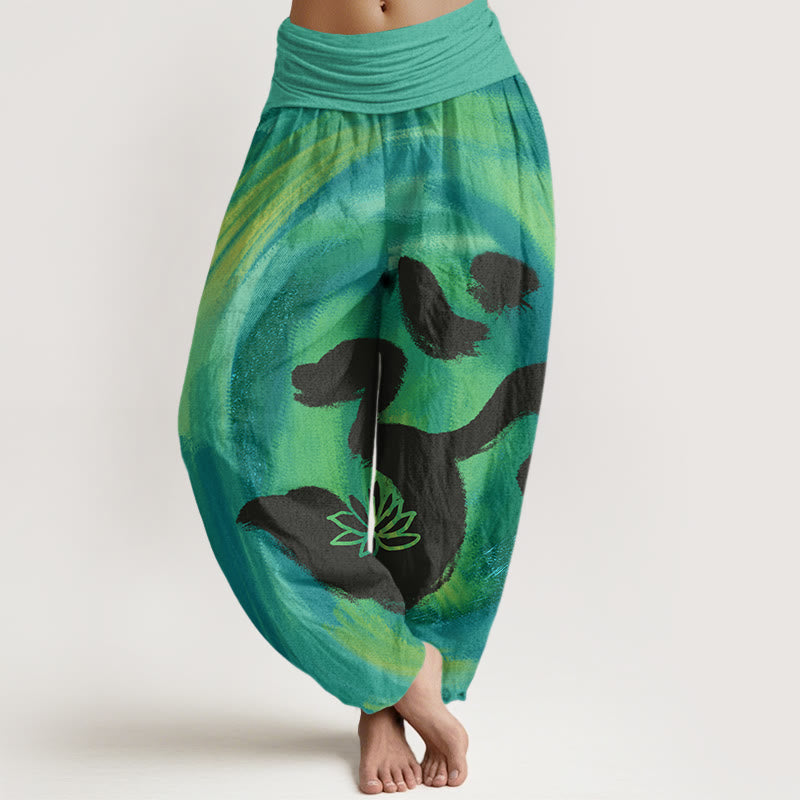 Buddha Stones OM Symbol Lotusblumenmuster Damen Haremshose mit elastischer Taille - HellMeerGrün - US22， UK/AU26，EU54 (6XL) - image 1
