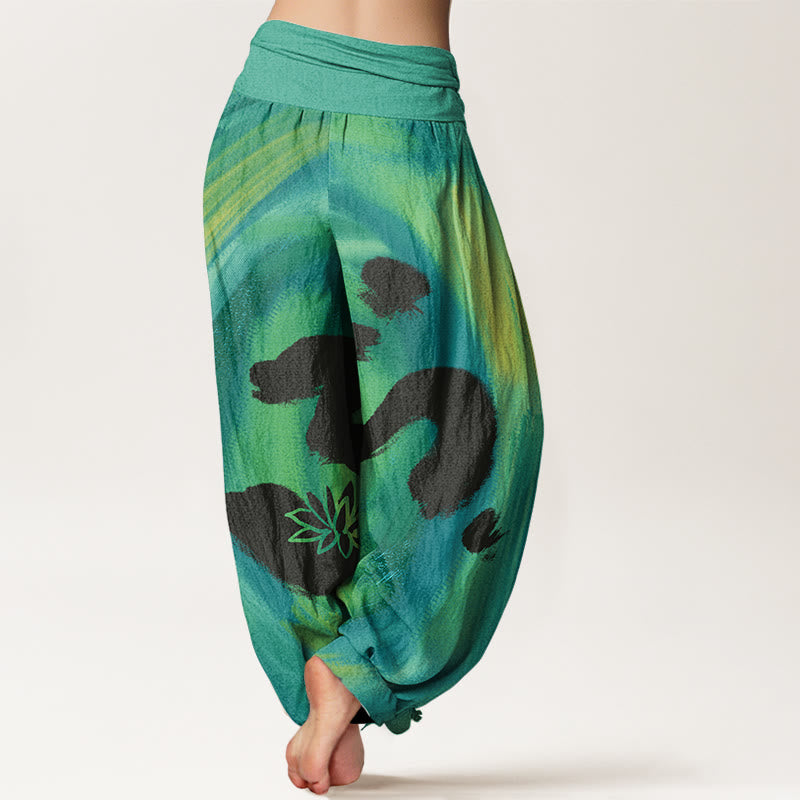 Baumwoll-Haremshose mit Buddha Stones , OM-Symbol und Lotusblumenmuster, elastischem Bund für Damen - image 1