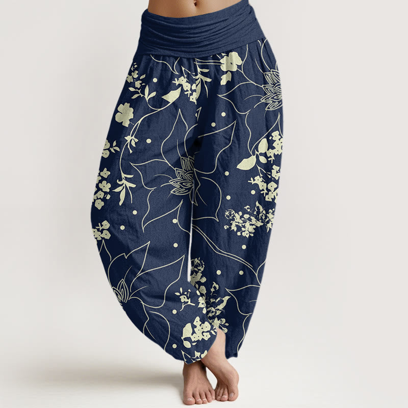 Buddha Stones Beige Große Blütenblätter Blumen Blüten Muster Damen Haremshose mit elastischer Taille - Stahlblau - US22， UK/AU26，EU54 (6XL) - image 1