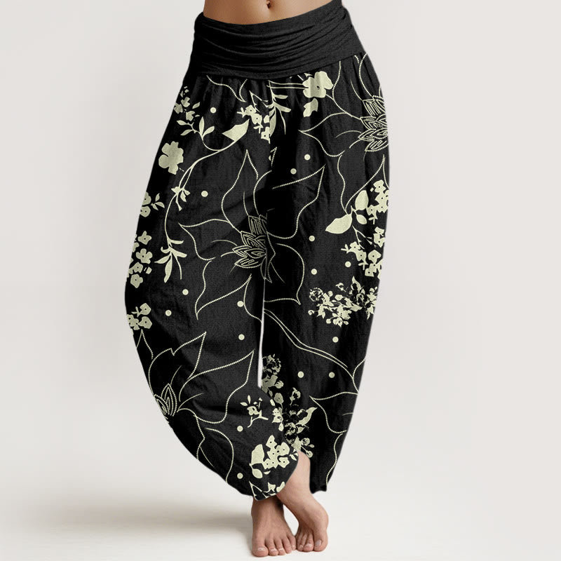 Buddha Stones Beige Große Blütenblätter Blumen Blüten Muster Damen Haremshose mit elastischer Taille - Schwarz - US22， UK/AU26，EU54 (6XL) - image 5