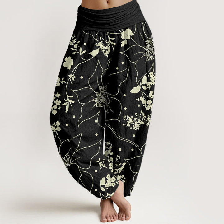 Buddha Stones Beige Große Blütenblätter Blumen Blüten Muster Damen Haremshose mit elastischer Taille - Schwarz - US22， UK/AU26，EU54 (6XL) - image 5