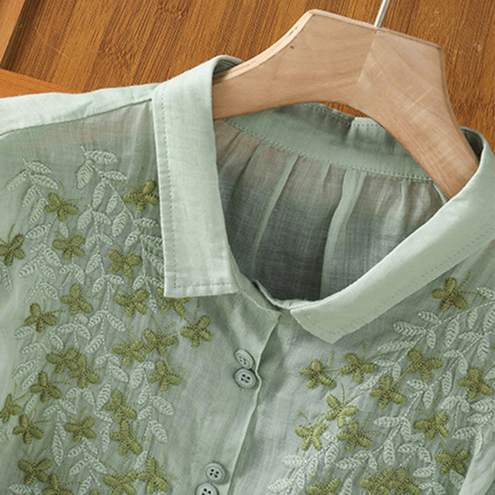 Buddha Stones Blatt Stickerei Baumwollknöpfe Halbarm Damen Shirt