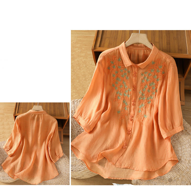 Buddha Stones Blatt Stickerei Baumwollknöpfe Halbarm Damen Shirt