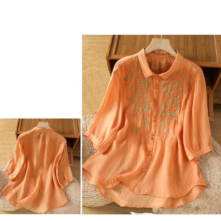 Buddha Stones Blatt Stickerei Baumwollknöpfe Halbarm Damen Shirt