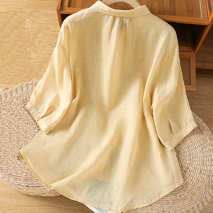 Buddha Stones Blatt Stickerei Baumwollknöpfe Halbarm Damen Shirt