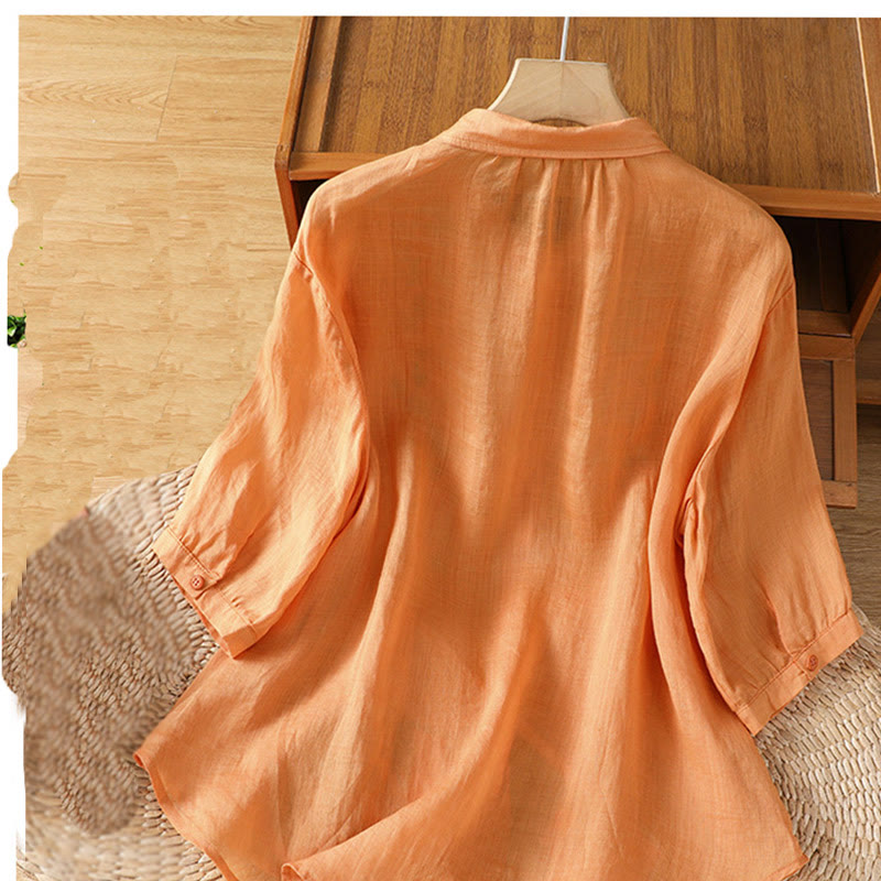 Buddha Stones Blatt Stickerei Baumwollknöpfe Halbarm Damen Shirt