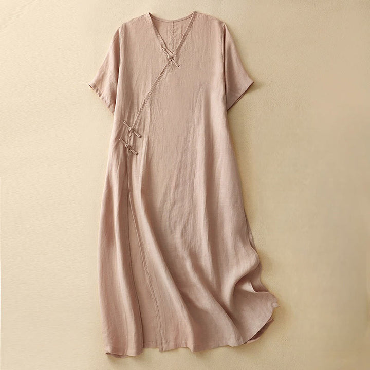 Buddha Stones Sommer-Midikleid aus Baumwolle und Leinen mit V-Ausschnitt und Froschknöpfen, kurzärmlig