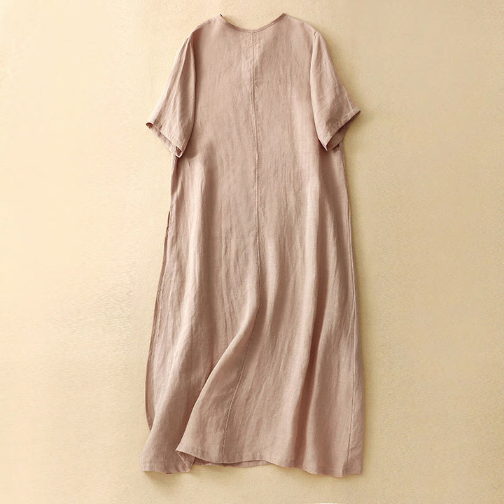 Buddha Stones Sommer-Midikleid aus Baumwolle und Leinen mit V-Ausschnitt und Froschknöpfen, kurzärmlig
