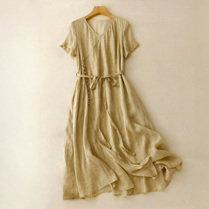 Buddha Stones Sommer-Midikleid mit V-Ausschnitt, Schnürung, kurzen Ärmeln, Baumwolle und Leinen, für Damen mit Taschen