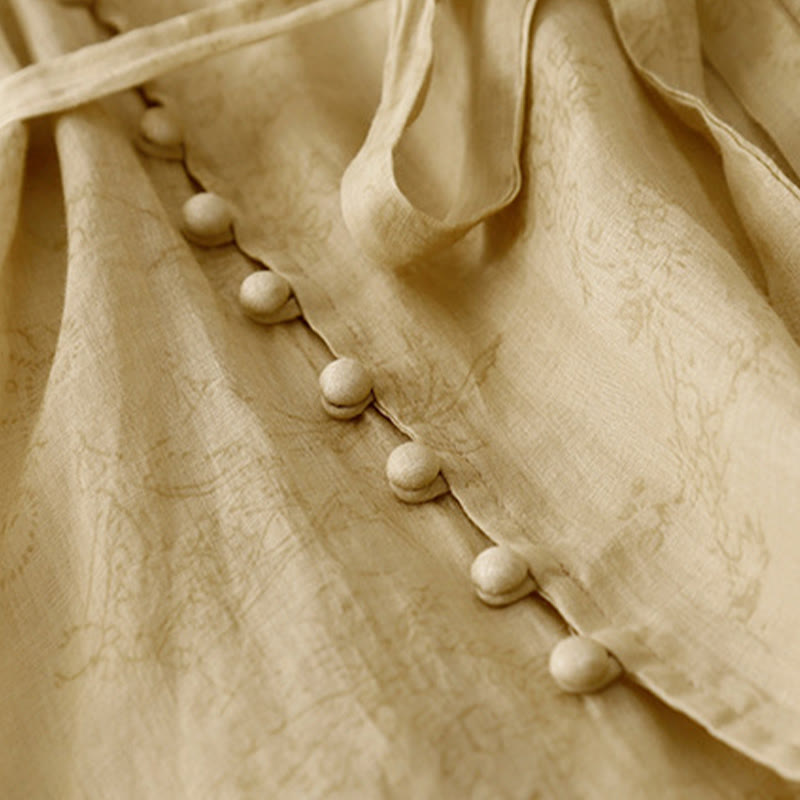 Buddha Stones Sommer-Midikleid mit V-Ausschnitt, Schnürung, kurzen Ärmeln, Baumwolle und Leinen, für Damen mit Taschen