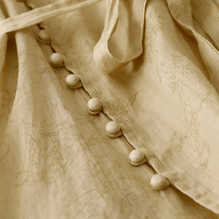 Buddha Stones Sommer-Midikleid mit V-Ausschnitt, Schnürung, kurzen Ärmeln, Baumwolle und Leinen, für Damen mit Taschen