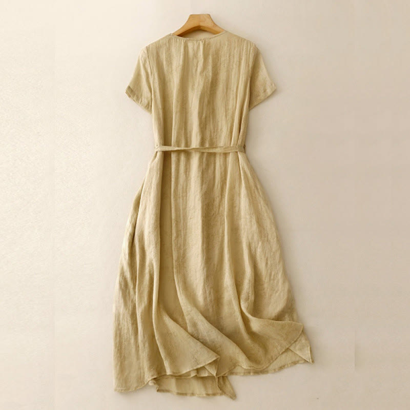 Buddha Stones Sommer-Midikleid mit V-Ausschnitt, Schnürung, kurzen Ärmeln, Baumwolle und Leinen, für Damen mit Taschen