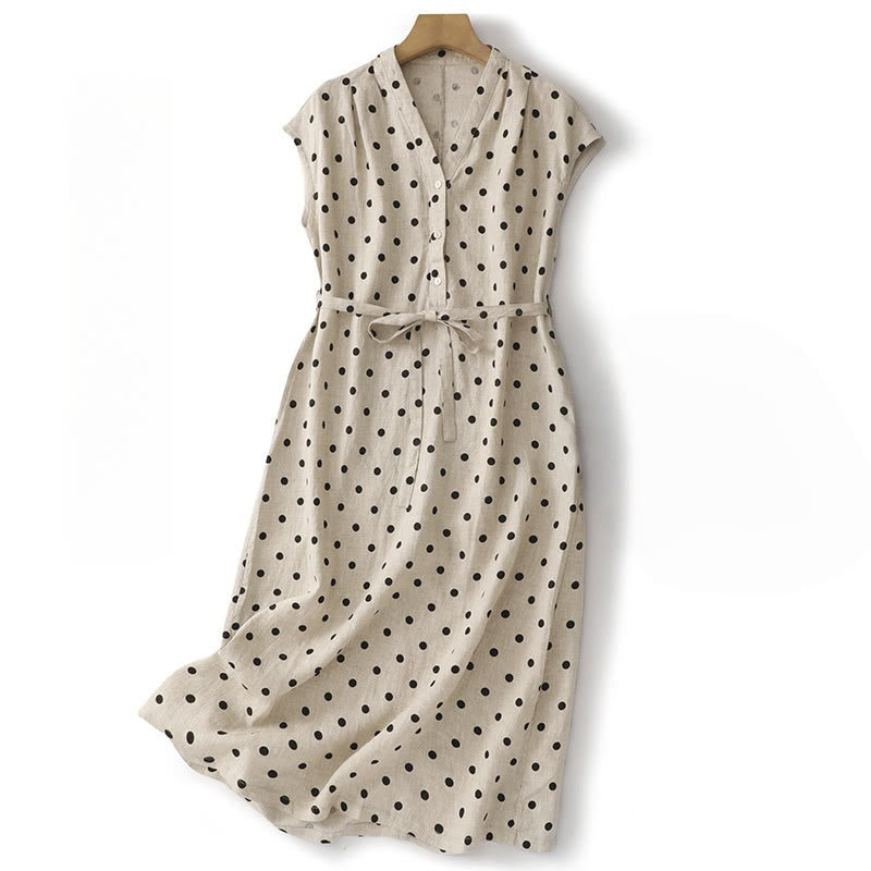 Buddha Stones Sommer-Midikleid mit Punkten, V-Ausschnitt, Schnürung, Baumwolle und Leinen für Damen mit Taschen