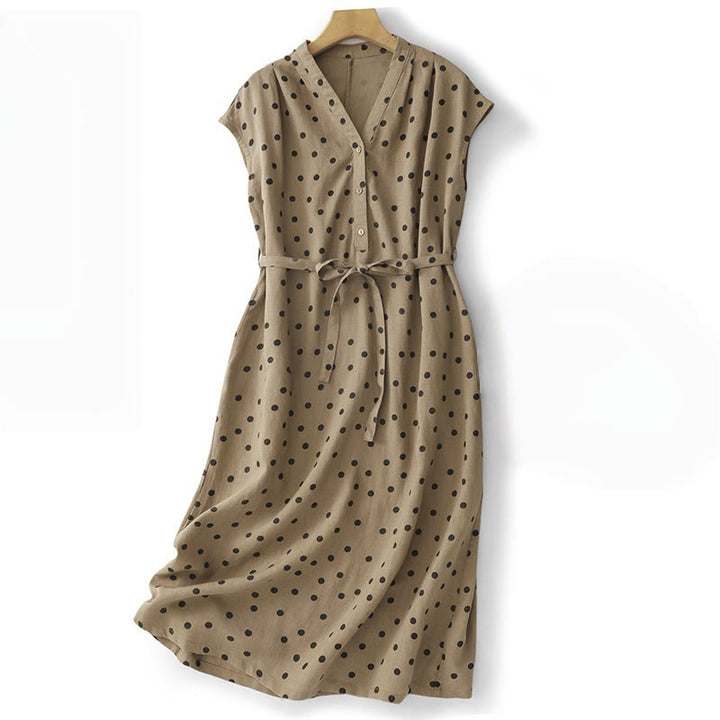 Buddha Stones Sommer-Midikleid mit Punkten, V-Ausschnitt, Schnürung, Baumwolle und Leinen für Damen mit Taschen