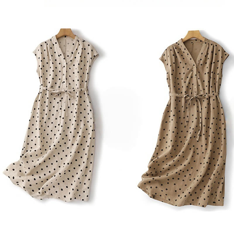 Buddha Stones Sommer-Midikleid mit Punkten, V-Ausschnitt, Schnürung, Baumwolle und Leinen für Damen mit Taschen