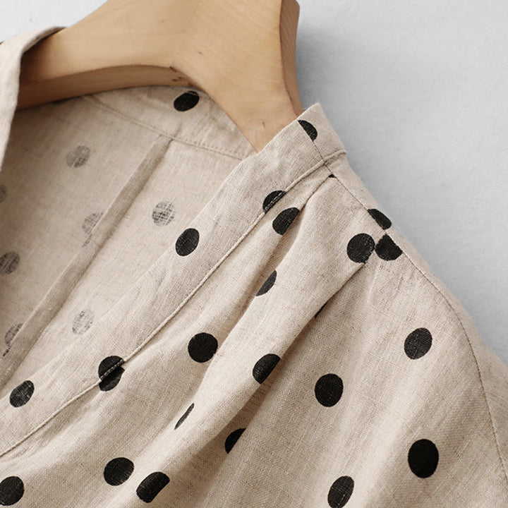 Buddha Stones Sommer-Midikleid mit Punkten, V-Ausschnitt, Schnürung, Baumwolle und Leinen für Damen mit Taschen
