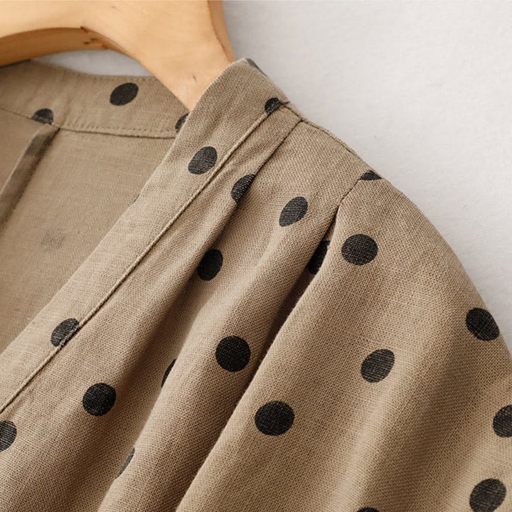 Buddha Stones Sommer-Midikleid mit Punkten, V-Ausschnitt, Schnürung, Baumwolle und Leinen für Damen mit Taschen