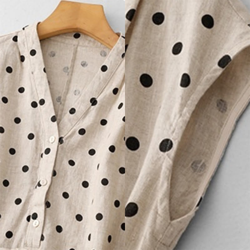 Buddha Stones Sommer-Midikleid mit Punkten, V-Ausschnitt, Schnürung, Baumwolle und Leinen für Damen mit Taschen - image 17