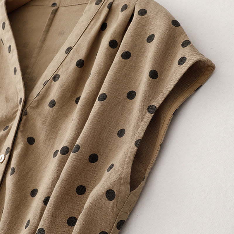Buddha Stones Sommer-Midikleid mit Punkten, V-Ausschnitt, Schnürung, Baumwolle und Leinen für Damen mit Taschen