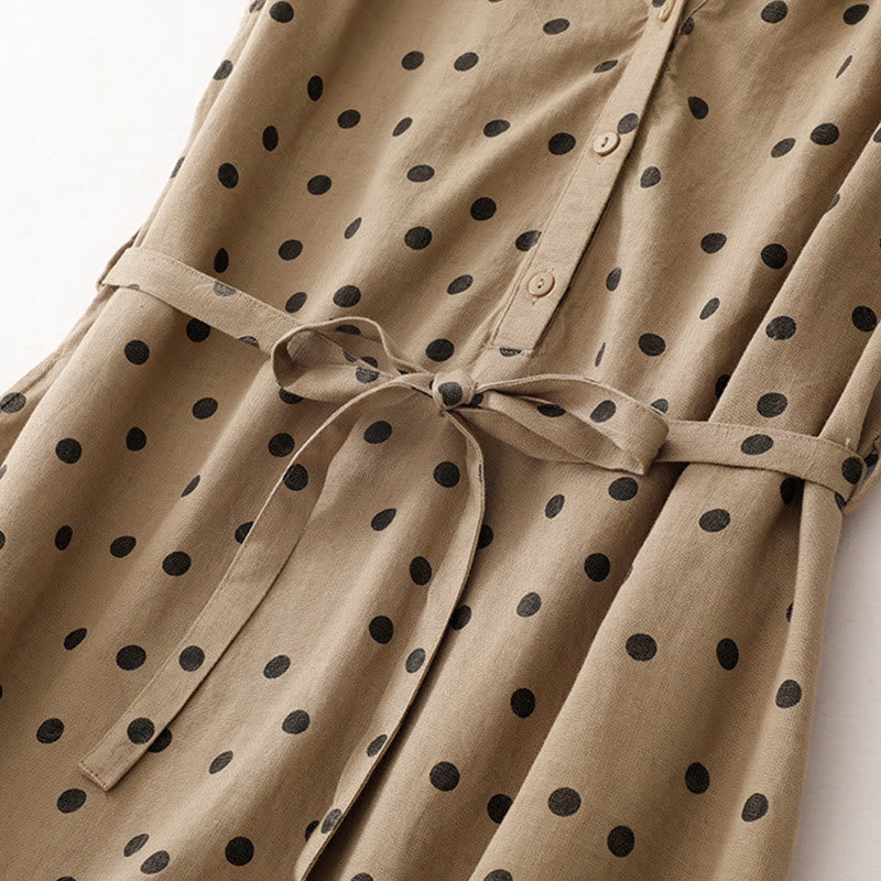 Buddha Stones Sommer-Midikleid mit Punkten, V-Ausschnitt, Schnürung, Baumwolle und Leinen für Damen mit Taschen
