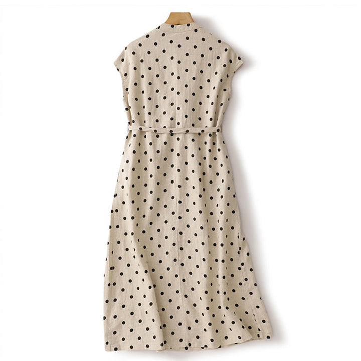 Buddha Stones Sommer-Midikleid mit Punkten, V-Ausschnitt, Schnürung, Baumwolle und Leinen für Damen mit Taschen