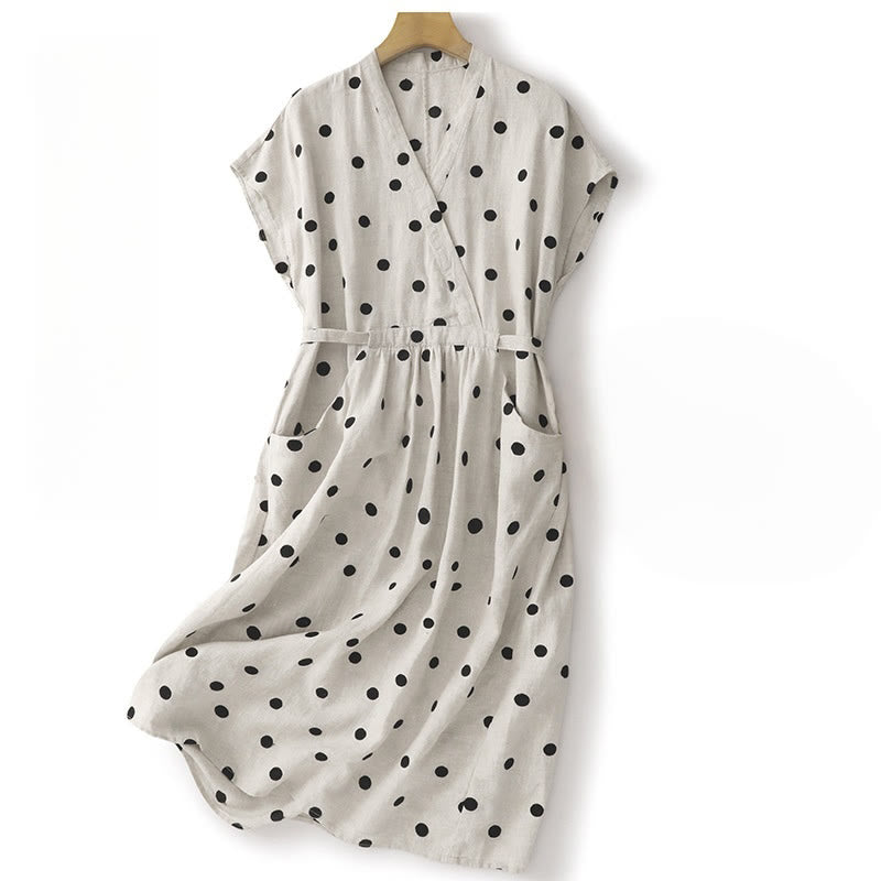 Buddha Stones Damen Midikleid aus Baumwolle und Leinen mit Punkten, V-Ausschnitt, Schnürung und Taschen