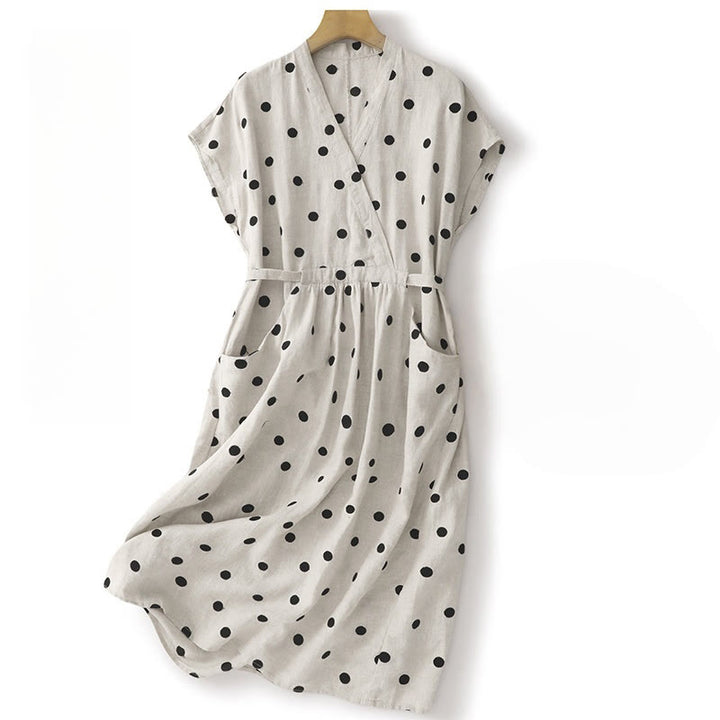 Buddha Stones Damen Midikleid aus Baumwolle und Leinen mit Punkten, V-Ausschnitt, Schnürung und Taschen