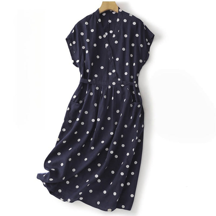 Buddha Stones Polka Dot V-Ausschnitt Schnürkleid für Damen, Midikleid mit Taschen - Marine - US 8-10, UK/AU 12-14, EU 40-42 (2XL) - image 0