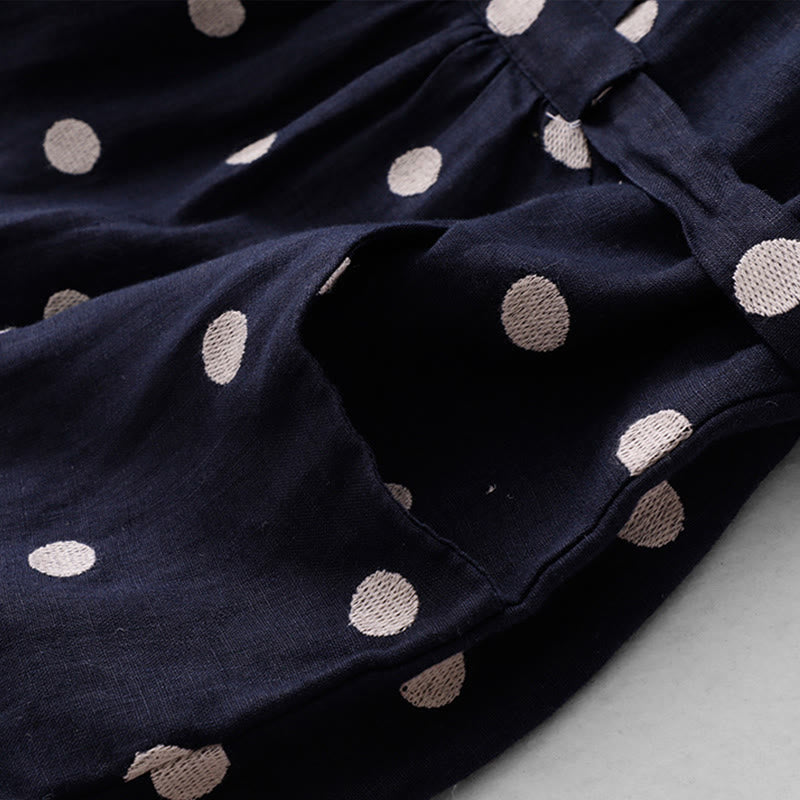 Buddha Stones Damen Midikleid aus Baumwolle und Leinen mit Punkten, V-Ausschnitt, Schnürung und Taschen