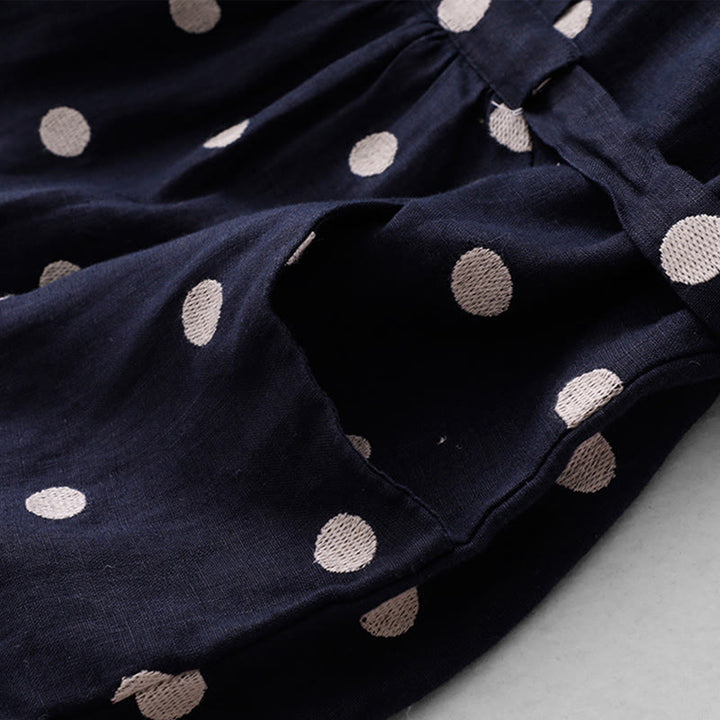 Buddha Stones Damen Midikleid aus Baumwolle und Leinen mit Punkten, V-Ausschnitt, Schnürung und Taschen