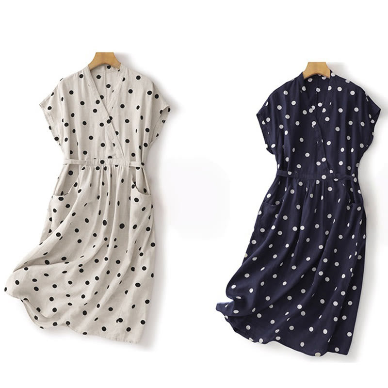 Buddha Stones Damen Midikleid aus Baumwolle und Leinen mit Punkten, V-Ausschnitt, Schnürung und Taschen