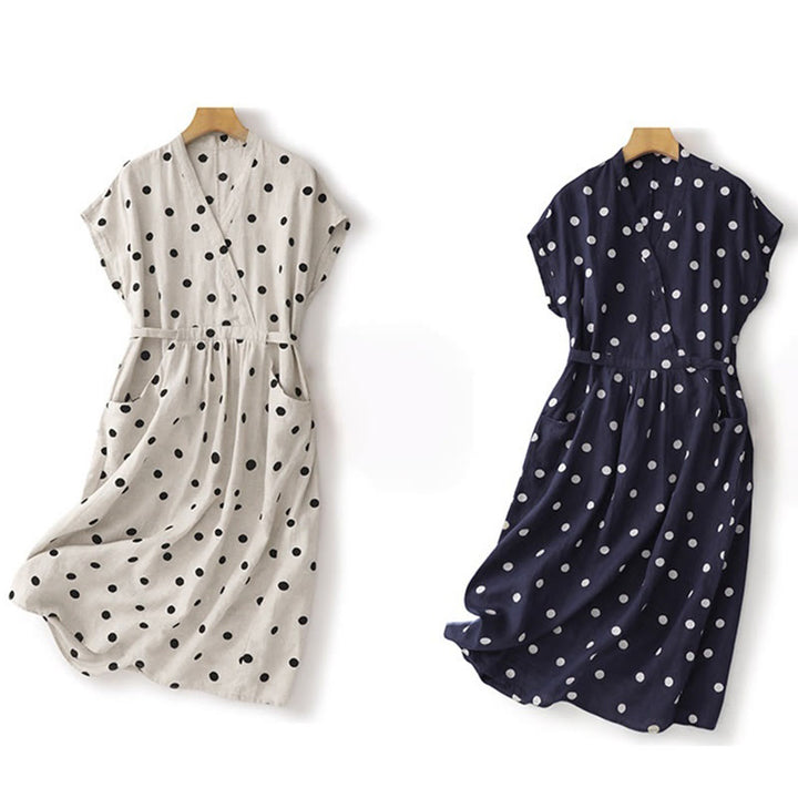 Buddha Stones Damen Midikleid aus Baumwolle und Leinen mit Punkten, V-Ausschnitt, Schnürung und Taschen
