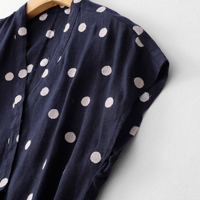 Buddha Stones Damen Midikleid aus Baumwolle und Leinen mit Punkten, V-Ausschnitt, Schnürung und Taschen