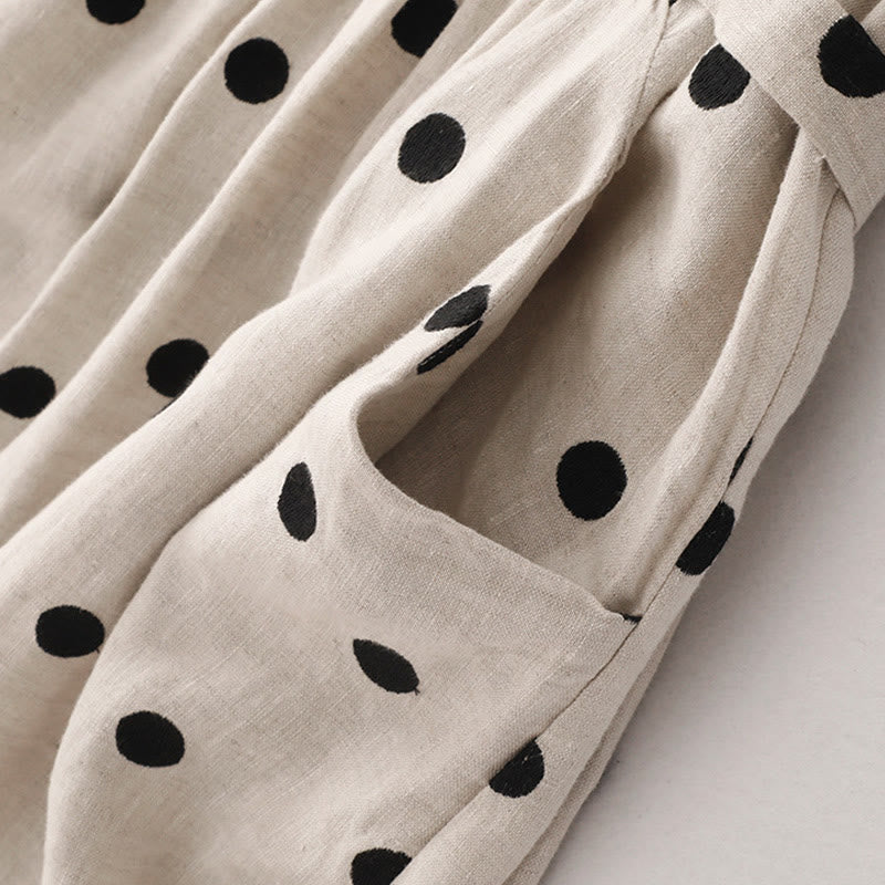 Buddha Stones Damen Midikleid aus Baumwolle und Leinen mit Punkten, V-Ausschnitt, Schnürung und Taschen