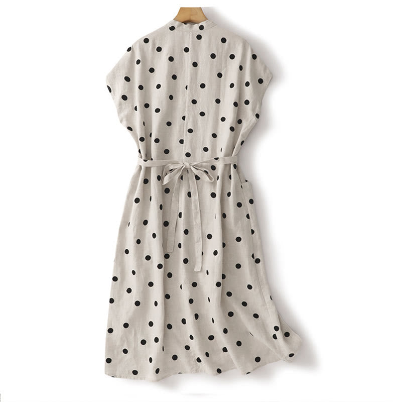 Buddha Stones Damen Midikleid aus Baumwolle und Leinen mit Punkten, V-Ausschnitt, Schnürung und Taschen