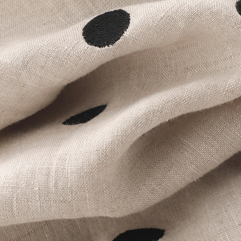 Buddha Stones Damen Midikleid aus Baumwolle und Leinen mit Punkten, V-Ausschnitt, Schnürung und Taschen