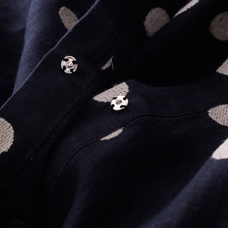 Buddha Stones Damen Midikleid aus Baumwolle und Leinen mit Punkten, V-Ausschnitt, Schnürung und Taschen