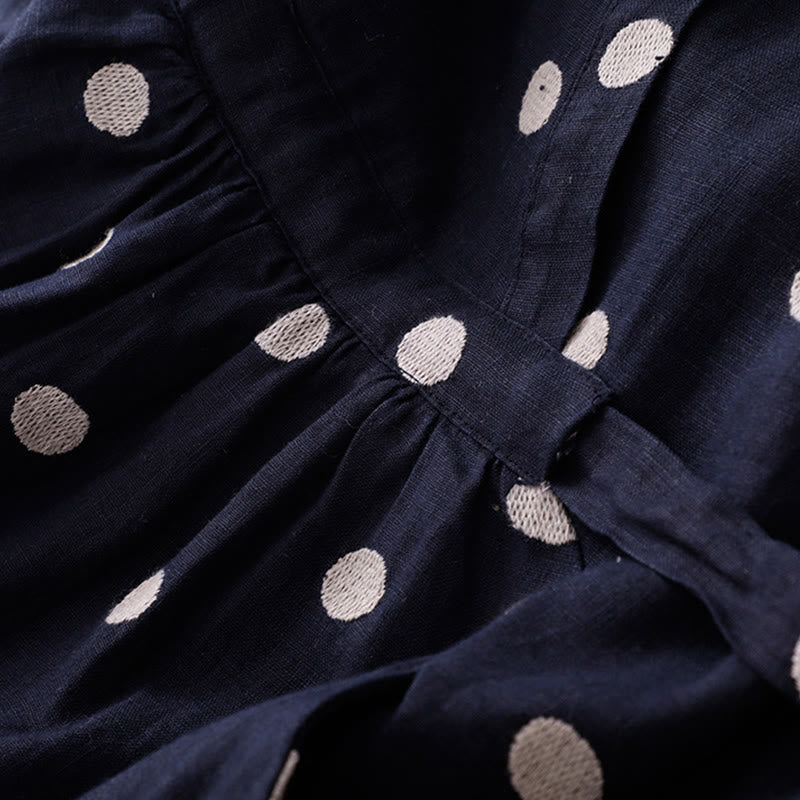 Buddha Stones Damen Midikleid aus Baumwolle und Leinen mit Punkten, V-Ausschnitt, Schnürung und Taschen